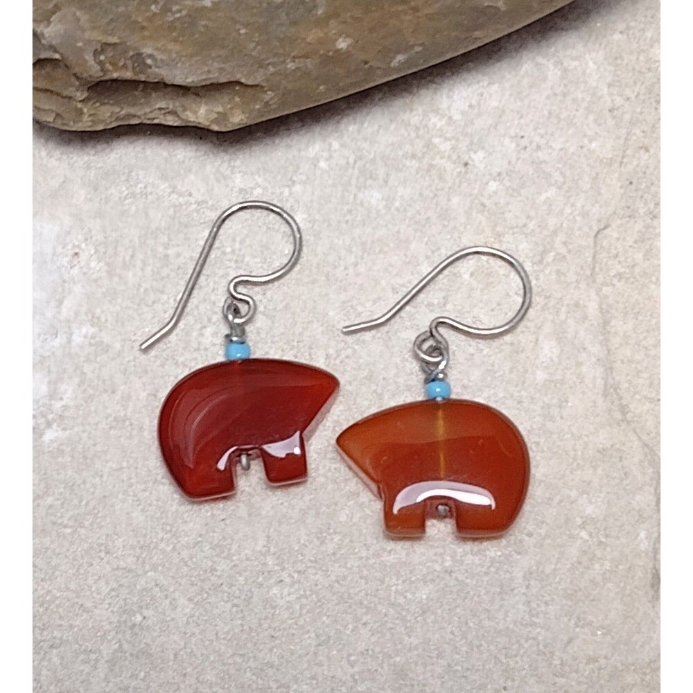 Fetish Bear Carnelian Stone Sterling Silver Dangle Earrings Vintage - Picture 11 of 12